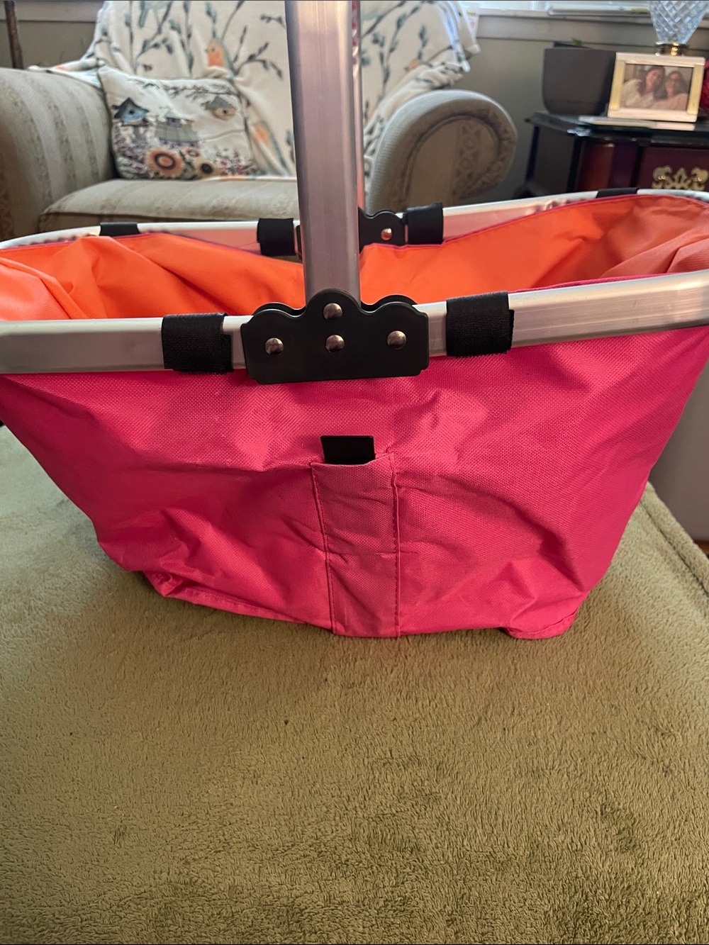 Pink Foldable Market Tote with Orange Interior